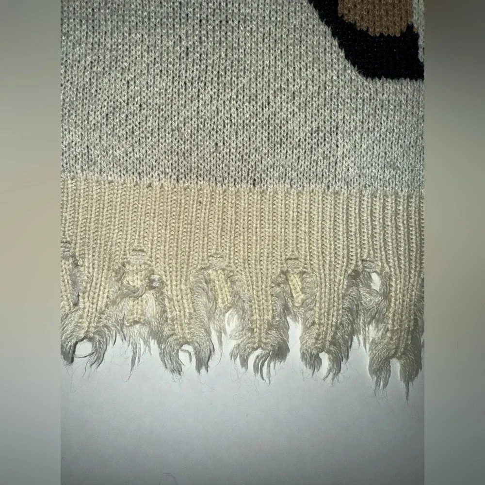 Anthropologie Entro Leopard Sweater V Neck Size Large Heavy Knit Distressed Hem - Picture 8 of 11